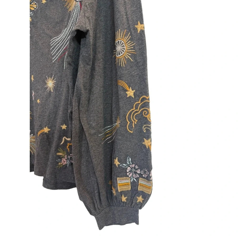Johnny Was Selah Cuffed Puff Long Tee Gray Crew Floral Embroidery Shirt Large